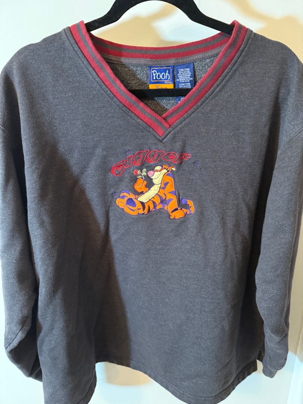 Vintage Pooh Tigger V-Neck Sweatshirt in Charcoal with Red Trim